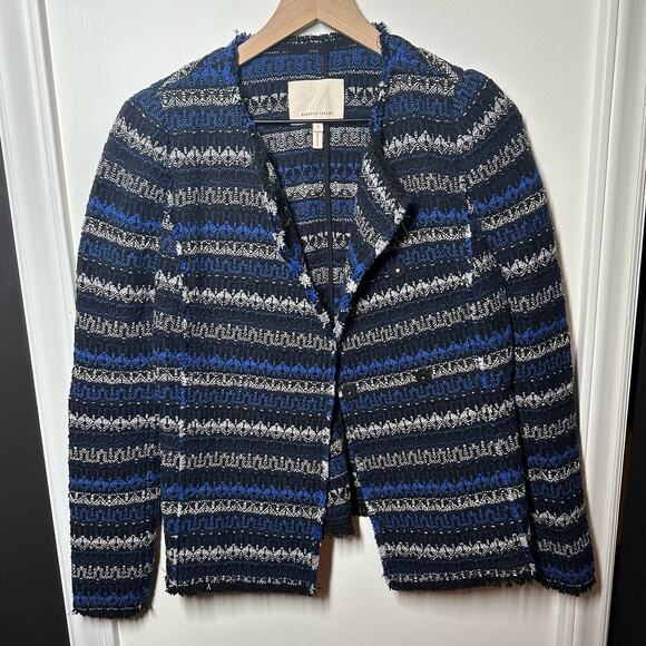 Rebecca Taylor Navy Striped Tweed Fringe-Hem Jacket Size 2 - Picture 4 of 10